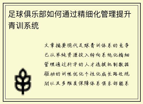 足球俱乐部如何通过精细化管理提升青训系统