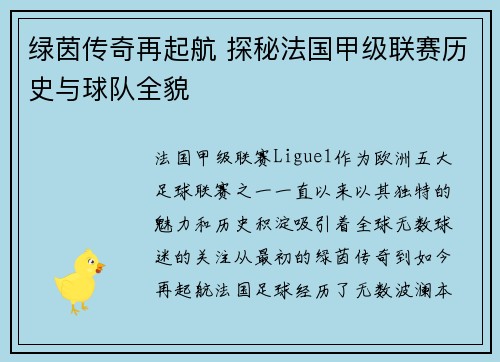 绿茵传奇再起航 探秘法国甲级联赛历史与球队全貌