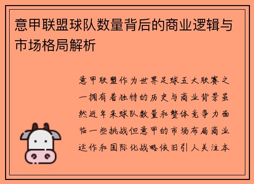 意甲联盟球队数量背后的商业逻辑与市场格局解析